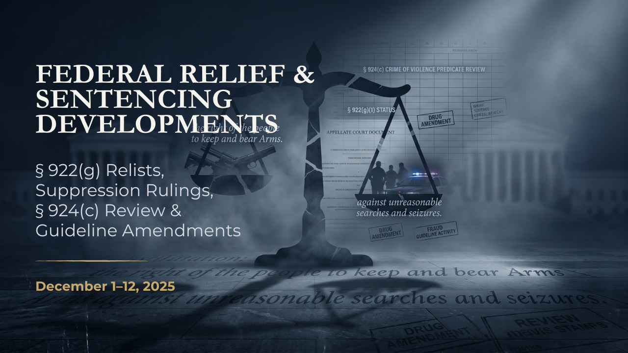 Federal legal intelligence illustration highlighting § 922(g) relists, suppression rulings, § 924(c) review, and sentencing guideline amendments for Federal Relief & Sentencing Developments, December 1–12, 2025.