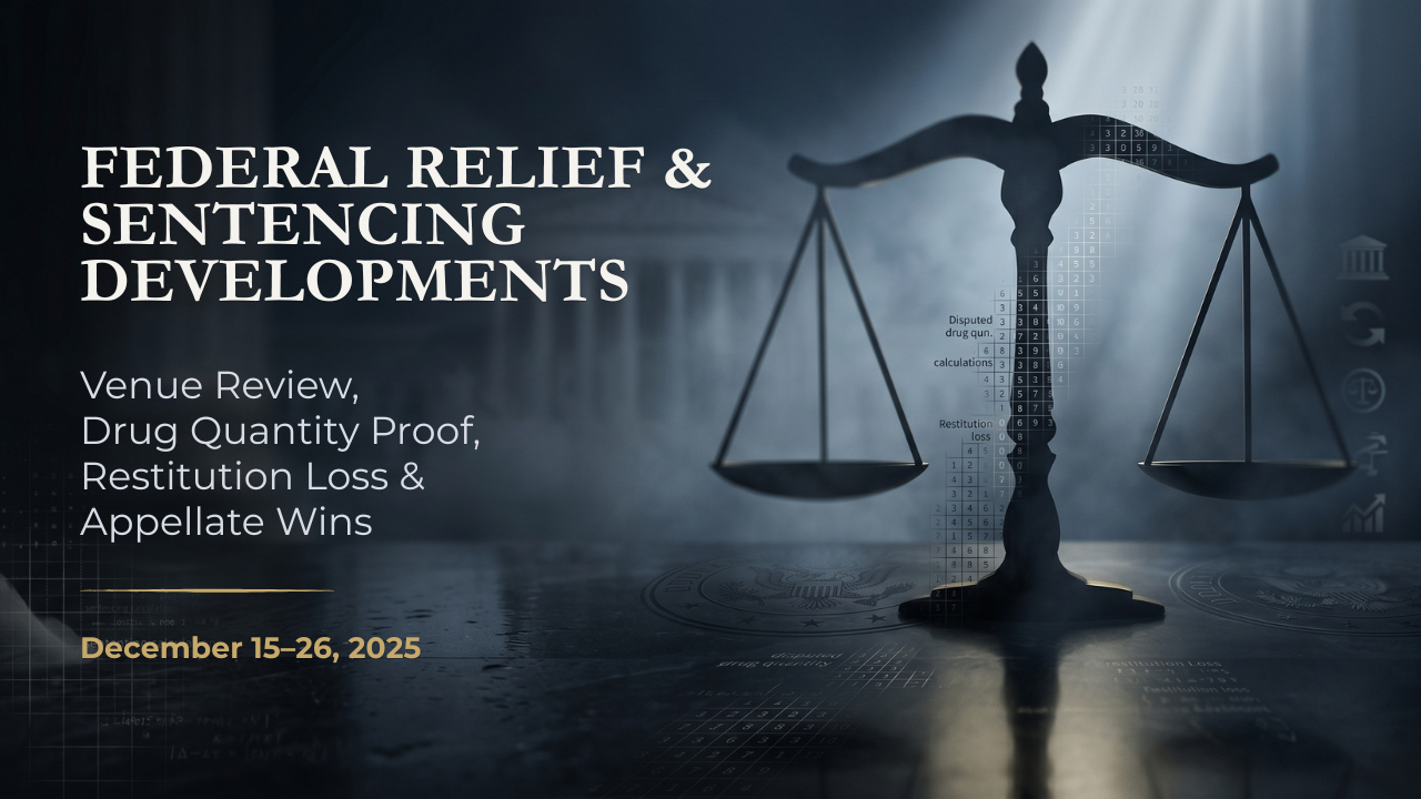 Federal appellate litigation editorial illustration highlighting venue review, drug quantity proof, restitution loss challenges, and favorable appellate decisions for Federal Relief & Sentencing Developments, December 15–26, 2025.